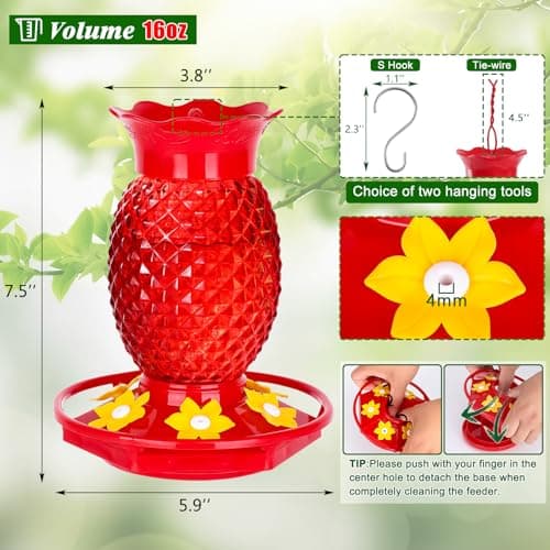 Fchstaer Glass Hummingbird Feeders for Outdoors Hanging Ant and Bee Proof 16OZ 2 Pack Red Pineapple Humming Bird Feeder with 6 Feeding Ports and Ant Moat Hummingbird Gifts for Women Garden Decor - Image 4