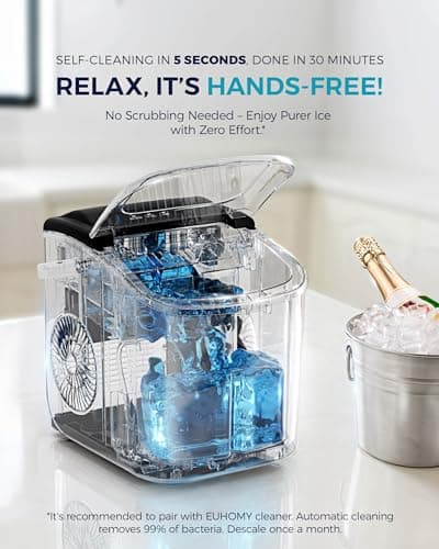 EUHOMY Countertop Ice Maker Machine with Handle, 26lbs in 24Hrs, 9 Ice Cubes Ready in 6 Mins, Auto-Cleaning Portable Ice Maker with Basket and Scoop, for Home/Kitchen/Camping/RV. (Black) - Image 5