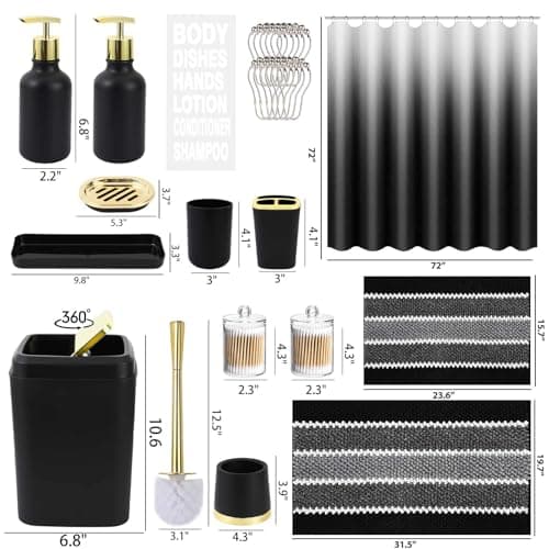 XLHOMO 25PCS Black Bathroom Accessories Sets Complete, with Shower Curtain, Rugs, Trash Can and Toilet Brush, Soap Dispenser, Toothbrush Holder and Cup, Soap Dish, Qtip Holder, Bathroom Decor Sets - Image 8