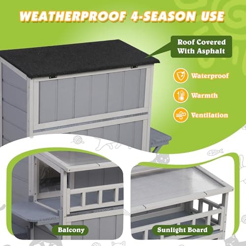 Outdoor Cat House, 2-Tier Warm Wood Cat Shelter with Sunlight Roof, Balcony, Jumping Platforms, Kitty Pet Porch Enclosure, Weatherproof, Openable, Gray - Image 6