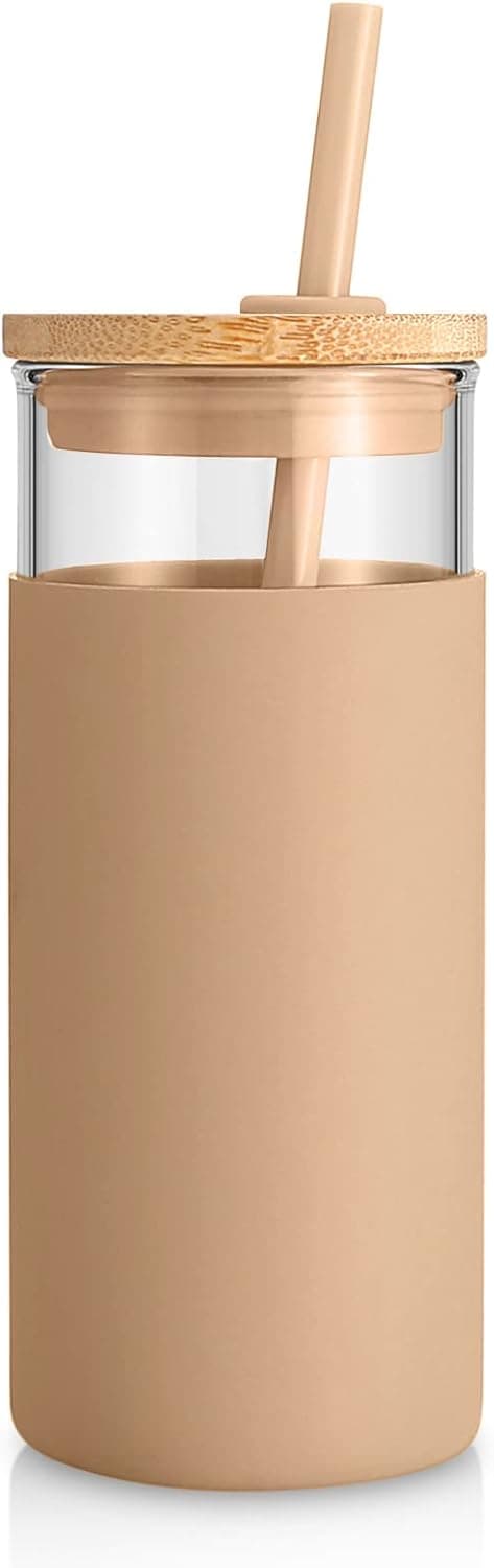 Tronco 20 oz Glass Tumbler with Lid and Straw, Iced Coffee Cup and Smoothie Cup with Bamboo Lids & Protective Silicone Sleeve, Dishwasher Safe, BPA-Free, Glass Cup 1 Pack Amber 20 Ounces - Image 2