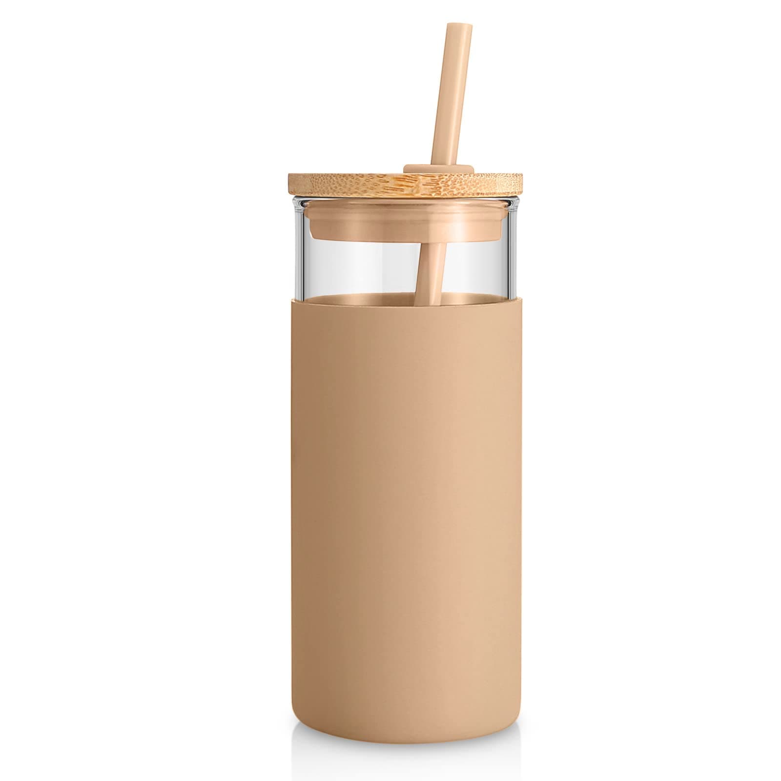 Tronco 20 oz Glass Tumbler with Lid and Straw, Iced Coffee Cup and Smoothie Cup with Bamboo Lids & Protective Silicone Sleeve, Dishwasher Safe, BPA-Free, Glass Cup 1 Pack Amber 20 Ounces