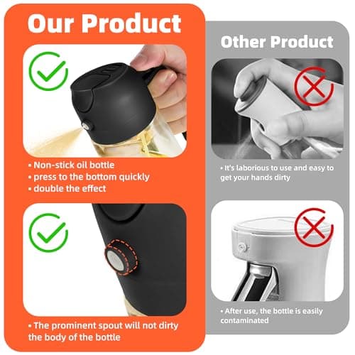 TrendPlain 16oz/470ml Glass Olive Oil Sprayer for Cooking – 2 in 1 Olive Oil Dispenser Bottle for Kitchen Gadgets and Air Fryer Accessories, Salad, BBQ - Black - Image 6
