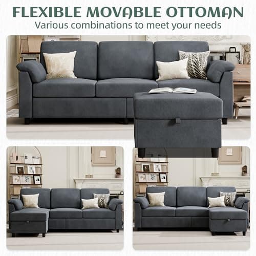 Vongrasig 79" Convertible Sectional Couches Sofa with Storage Ottoman, 3 Seat L Shaped Couch with Side Storage Pockage, Linen Fabric Small Couches for Living Room, Apartment and Small Space, Grey - Image 7