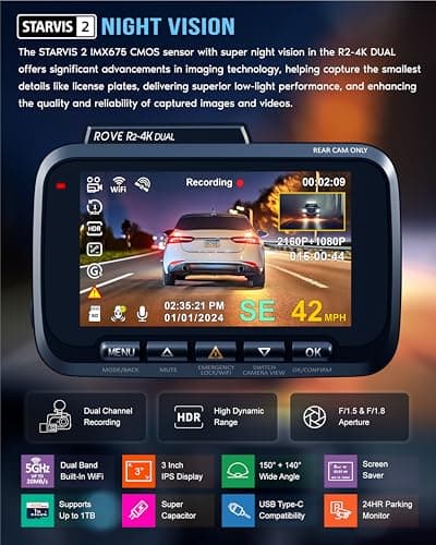 ROVE R2-4K DUAL Dash Cam Front and Rear, STARVIS 2 Sensor, FREE 128GB Card Included, 5G WiFi - up to 20MB/s Fastest Download Speed with App, 4K 2160P/FHD Dash Camera for Cars, 3" IPS, 24H Parking Mode - Image 4