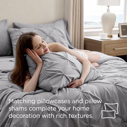 Bedsure Queen Comforter Set Grey - Bed in a Bag Queen Size 7 Pieces, GentleSoft™ Pintuck Bed Set Gift for Family, Pinch Pleat All Season Comforter with Sheets, Pillowcases & Shams - Image 4