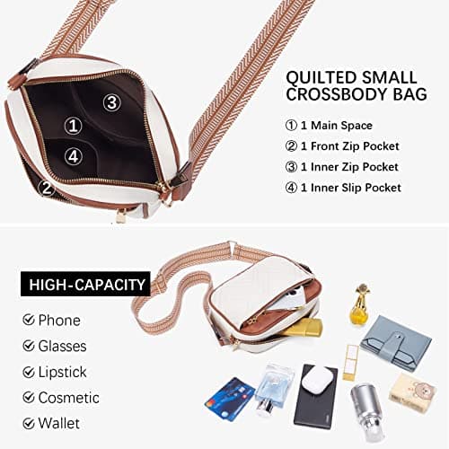 BOSTANTEN Quilted Crossbody Bags for Women Vegan Leather Purses Small Shoulder Handbags with Wide Strap Beige with Brown - Image 5
