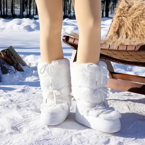 ZHENAIYISHENG Faux Fur Boots for Women - Fuzzy Fluffy Furry Water Resistant Snow Boots for Women - Anti-Slip with Cotton Sponge Lined and TPR Rubber Sole Black White Fur Boots white 8 9 - Image 3