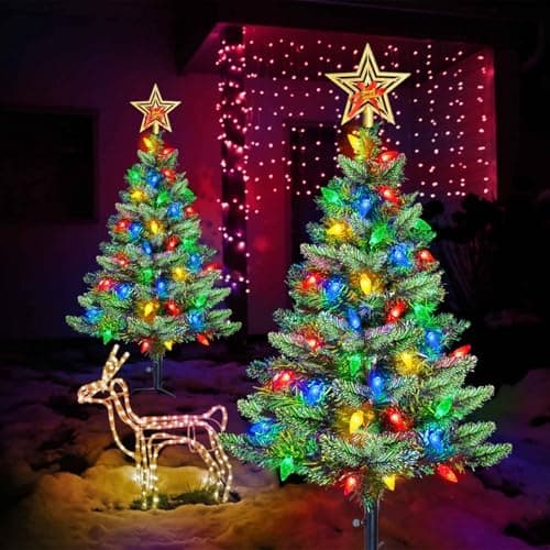 Upgraded Set of 2 Solar Christmas Tree, Outdoor Christmas Decorations,Prelit Xmas Tree w/ 100 LED Multi-color C6 String Lights for Outsdie Holiday Display Yard Front Porch Pathway Grave Cemetery Decor - Image 2