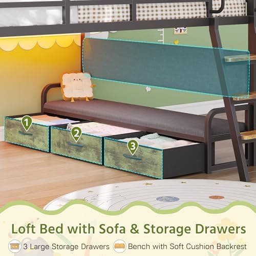 Dnxao Full Size Low Loft Bed with Desk,Full Size Bed Frame with 9 Storage Drawers, Kids Loft Bed with 15.8" H Safety Guardrail,Sofa,LED Lights & Charging Station,No Box Spring Needed,Rustic Brown - Image 4