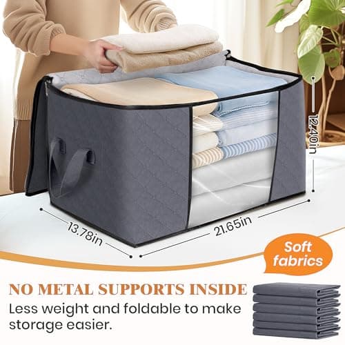 Fab totes 6 Pack Clothes Storage, Foldable Thick Fabric Blanket Storage Bags, Containers for Organizing Bedroom, Closet, Clothing, Comforter,Closet Organization with Handle,Grey - Image 2