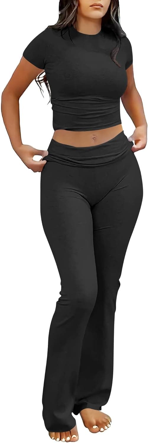 ANRABESS Lounge Sets for Women 2 Piece Foldover Yoga Flare Leggings Pants Crop Tops Casual Y2K Outfits Matching Tracksuit Set Small Black - Image 2