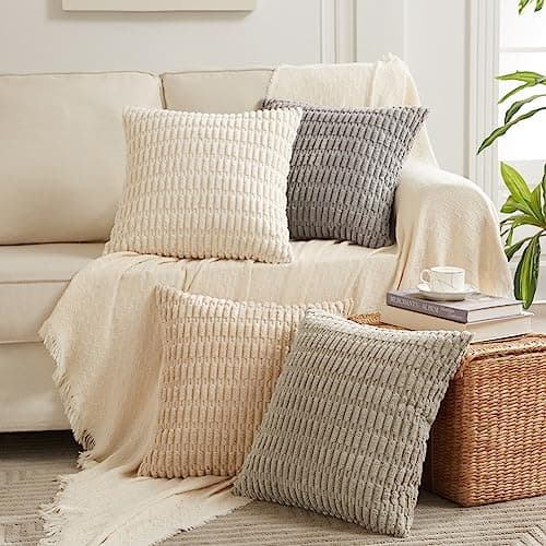 Fancy Homi 4 Packs Neutral Decorative Throw Pillow Covers 18x18 Inch for Living Room Couch Bed Sofa, Rustic Farmhouse Boho Home Decor, Soft Plush Striped Corduroy Square Cushion Case 45x45 cm - Image 7