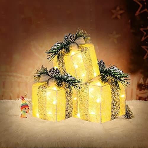 Hourleey Set of 3 Christmas Lighted Gift Boxes, Pre-lit 60 LED Light Up Present Boxes Ornament Outdoor Warm White Tinsel Boxes Decoration for Indoor Christmas Home Yard Lawn Decor - Image 5