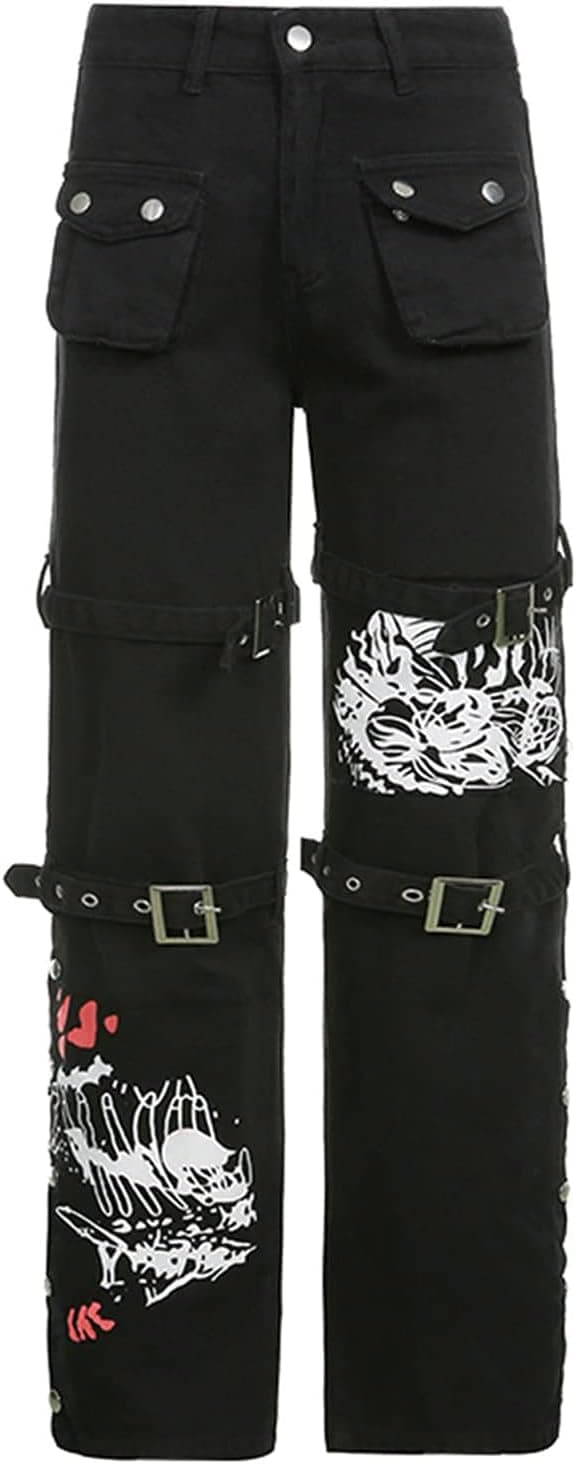 Women Y2k Jeans Grunge Gothic Tripp Pants Punk Goth Pants Vintage Baggy Denim Jeans Trousers Streetwear Large A#black - Image 7