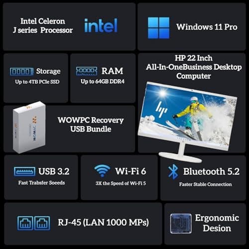 HP 2025 New 22 Inch All-in-One Desktop Computer • 12GB RAM • 256GB PCIe SSD • Intel CPU • Ultra-Quiet Design • Microsoft Office Trial • Wi-Fi 6 • White KB & Mouse • WOWPC Recovery USB • Windows 11 - Image 2