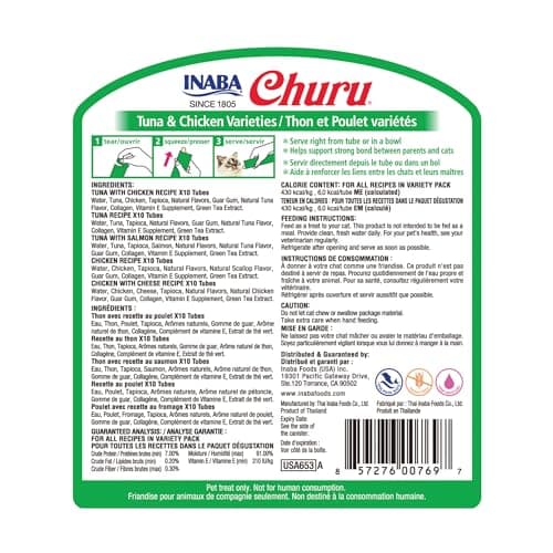 INABA Churu Cat Treats, Grain-Free, Lickable, Squeezable Creamy Purée Cat Treat/Topper with Vitamin E & Taurine, 0.5 Ounces Each Tube, 50 Tubes, Tuna & Chicken Variety - Image 2