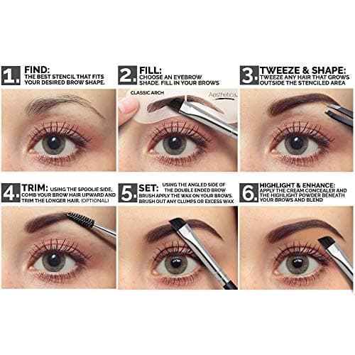 Aesthetica Brow Contour Kit 16-Piece Eyebrow Makeup Palette Set 6 Eyebrow Powders, 5 Eyebrow Stencils, Spoolie/Brush Duo, Tweezers, Eye Brow Wax, Highlighter - Unique Gifts For Women For Her Birthday - Image 4