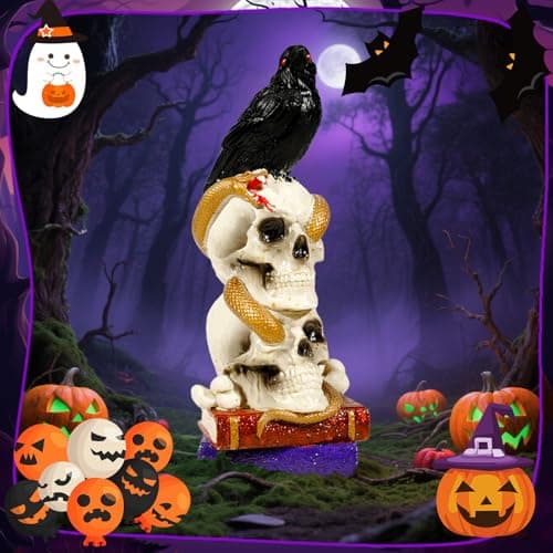 Wowagoga Halloween Resin Crow Skeleton Skull Head, Totem Pole Decor with Book Skull Snake Raven 8 Inch Tall Macabre Art Sculpture for Home Office - Image 5