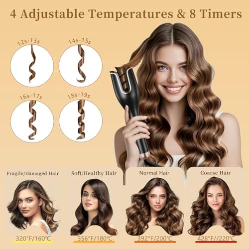 Automatic Hair Curler, Auto Rotating Curling Iron with 4 Temperatures, 8 Timers 12s-19s, LCD Display, 1" Large Slot, Dual Voltage, Auto Shut-Off, Anti-Scald (Black) - Image 3