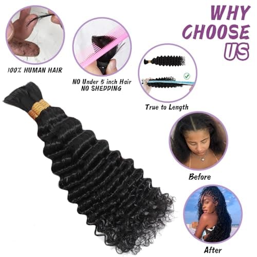 Afihond Human Braiding Hair For Boho Braids 120g Deep Wave Bulk Human Hair for Braiding Knotless 12A 100% Unprocessed Brazilian Virgin Hair Extensions Bulk Bohemian 3 Bundles Natural Color 18inch - Image 4