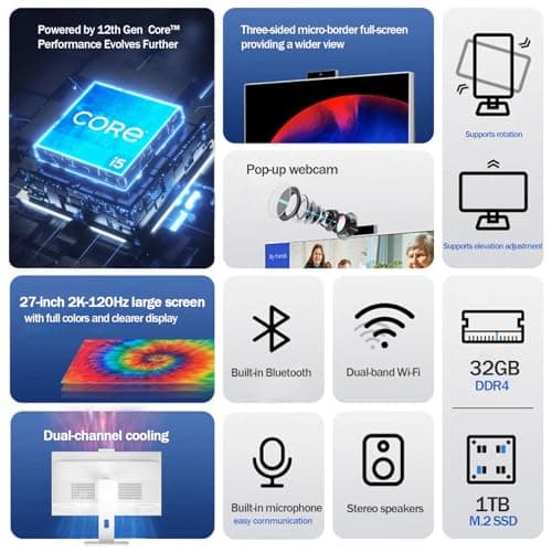 27Inch All-in-One Desktop PC, QHD AIO Display for Home Office, Core i5-12400F(up to 4.6GHz), 1TB Storage(M.2 PCIE SSD), 32GB DDR4 RAM, WiFi 6, Mouse and Keyboard Included - Image 2