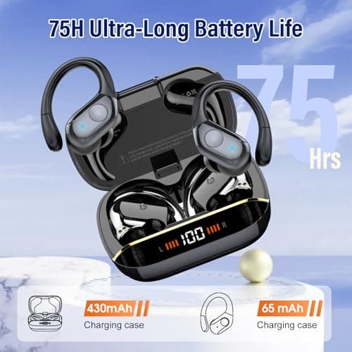 Qecnato Wireless Earbuds Bluetooth 5.4 Headphones Sports, 75H Stereo Deep Bass Over Ear Buds with Earhooks, Bluetooth Earbuds with 4 ENC Mic, LED Display, IP7 Waterproof Earphone for Running, Black - Image 3