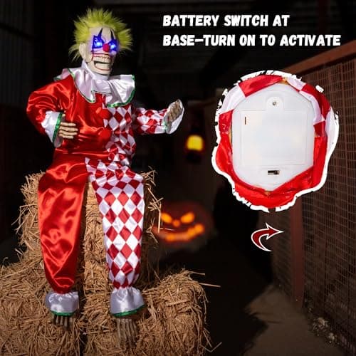 Halloween Animatronic Sitting Clown Decoration–Sound Activated Creepy Clown Prop with Shaking Body, Glowing Eyes & Scary Voice–Indoor/Outdoor Halloween Decor for Yard, Haunted House, Party (48") - Image 6