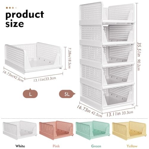 SNSLXH 5 Pack Stackable Closet Storage Basket, Multifunctional & Foldable Closet Organizer for Bathroom Kitchen Laundry Room Wardrobe Storage, Space-Saving Clothes Storage Drawer Organizer, White - Image 4