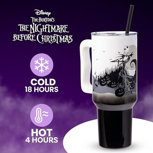 Silver Buffalo Disney Nightmare Before Christmas by Tim Burton Jack Skellington Hill and Moon Stainless Steel Tumbler with Handle and Straw, Fits in Standard Cup Holder, 40 Ounces - Image 2
