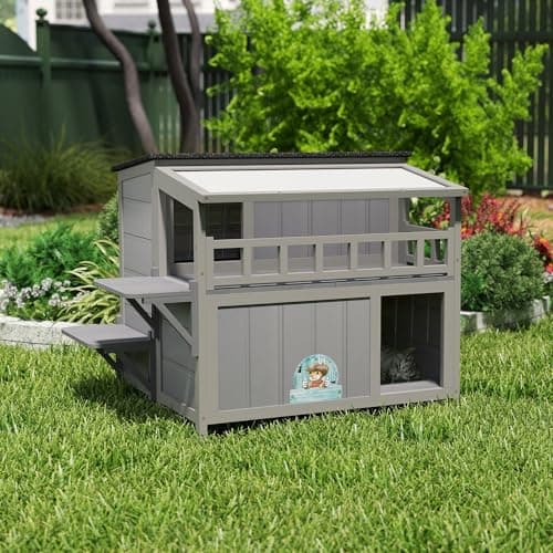 Outdoor Cat House, 2-Tier Warm Wood Cat Shelter with Sunlight Roof, Balcony, Jumping Platforms, Kitty Pet Porch Enclosure, Weatherproof, Openable, Gray - Image 8