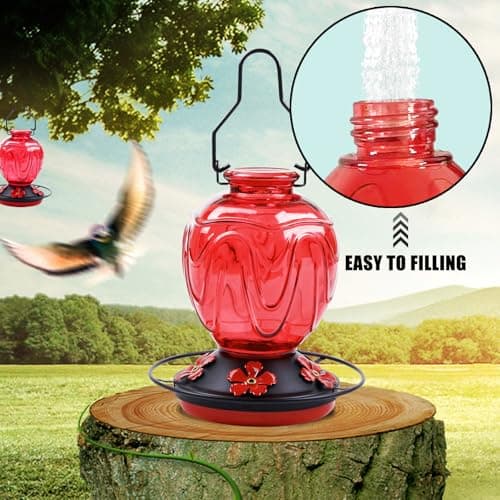 Glass Hummingbird Feeder for Outdoors Hanging, 24Ozs Humming Bird Nectar Feeder w/Perch, 5 Flower Feeding Ports, Leak Proof Base and Hook for Outside Garden Backyard Decor, Gifts for Women Mom, Red - Image 5