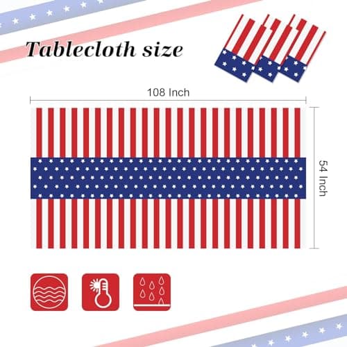 Childom 3 Pack Patriotic Tablecloth,Disposable Plastic Tablecloth 54"x108" Patriotic Decorations,Birthday Party Table Cloth for Kids,Patriotic Themed Party Supplies for Outside,Picnic,Camping,Memorial - Image 2