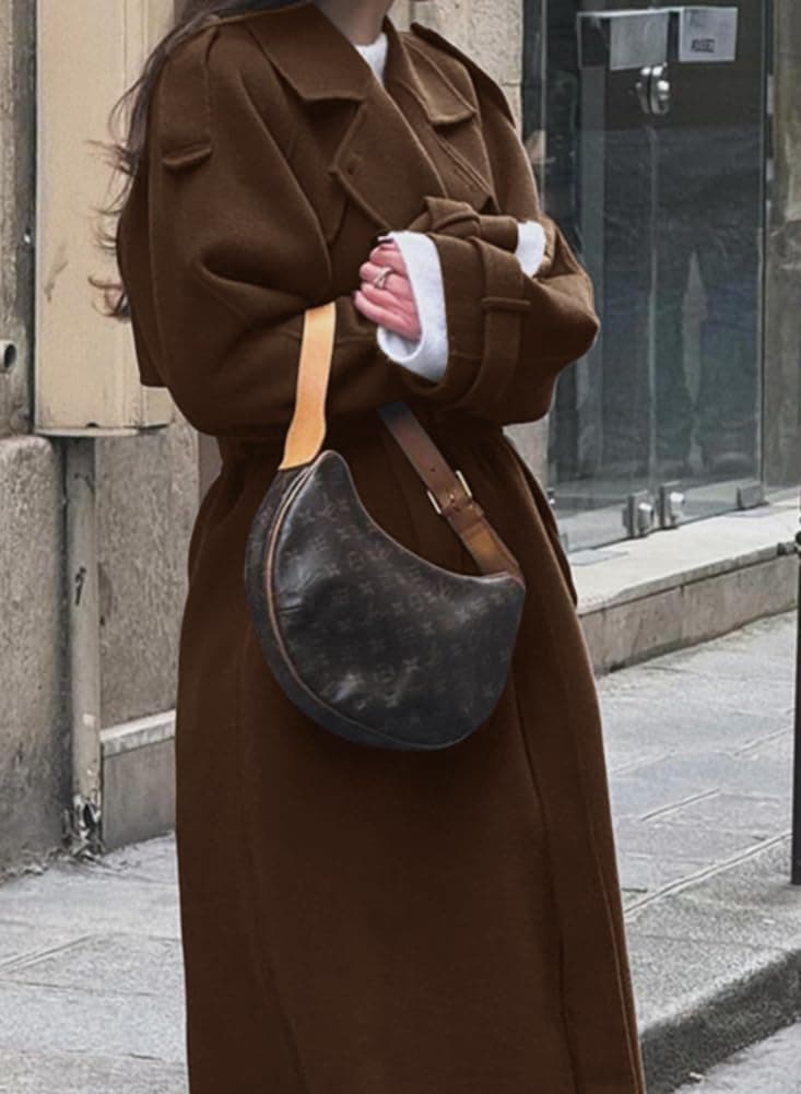 chouyatou Women's Winter Double Breasted Wool Coat Long Sleeve Notch Lapel Midi Long Winter Trench Coat with Belt Medium Brown - Image 6