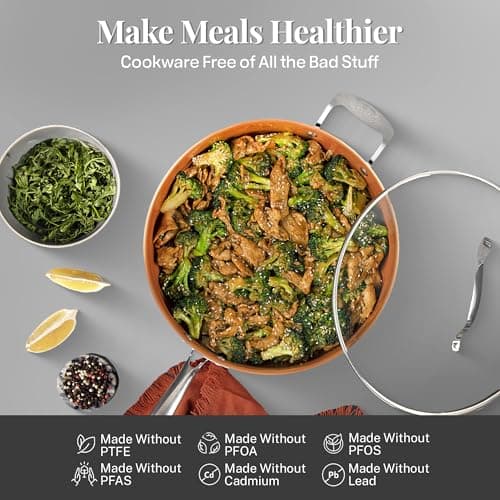 Gotham Steel 12 Pc Ceramic Cookware Set Nonstick, Ceramic Pots and Pans Set Non Stick with Steamer for Cooking, Non Toxic PFOA PFOS Free, Ergonomic Stay Cool Handles, Oven & Dishwasher Safe, Copper - Image 3