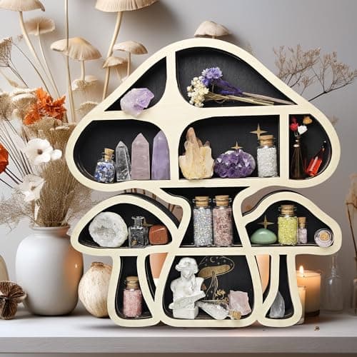 FNYDOX Wooden Mushroom Floating Shelves, Crystal Display Shelf for Wall, Cute Mushroom Wall Decor, Rock Gem Stone Storage Organizer, Essential Oil Holder Hanging Case, Meditation Art Spiritual Gift - Image 2