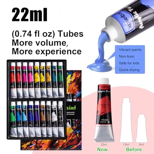koseibal Acrylic Art Set with 18 Acrylic Paints, 8 Brushes, 4 Stretched Canvas, 1Wooden Easel, Etc, Premium Painting Supplies Kit for Students, Artists Kids, Adults, and Beginner. - Image 3