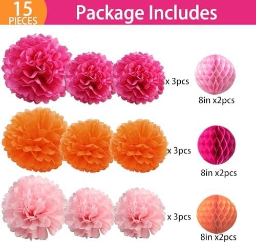 Amazon.com: 15PCS Hot Pink Orange Party Decorations Tissue Paper Flowers Pom Poms Honeycomb for Girl Groovy Birthday Baby Shower Wedding Bachelorette Summer Flamingo Party Nursery Wall Hanging Décor : Home & Kitchen - Image 4