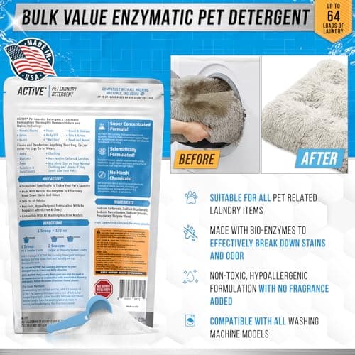 Pet Laundry Detergent Odor Remover - ACTIVE Enzyme Based Powder Detergent for Dogs Beds, Cat Pee, HE Washer Friendly Natural Enzymatic Deodorizer, Urine, Smell, Dog Drool, Stain Eliminator - 64 Loads - Image 3