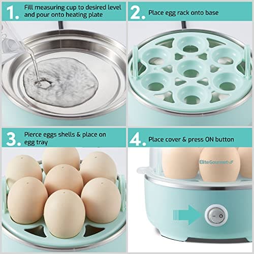 Elite Gourmet EGC115M Easy Egg Cooker Electric 7-Egg Capacity, Soft, Medium, Hard-Boiled Egg Cooker with Auto Shut-Off, Measuring Cup Included, BPA Free, Retro Mint - Image 4