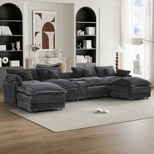 HYJT-H&K 145" U Shaped Cloud Couch Modular Dark Grey Sectional Couches for Living Room, Comfy Fluffy Corduroy Oversized Cloud Sectional Couch Large 6 Seat Sectionals Sofa Set Central Console USB Port - Image 7