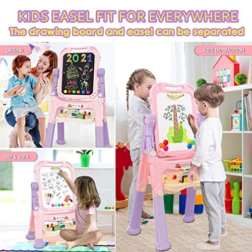 Mojitodon Art Easel for Kids, Adjustable Standing Rotatable Double Sided Easel with Painting Accessories for Toddlers Boys and Girls-Pink - Image 4