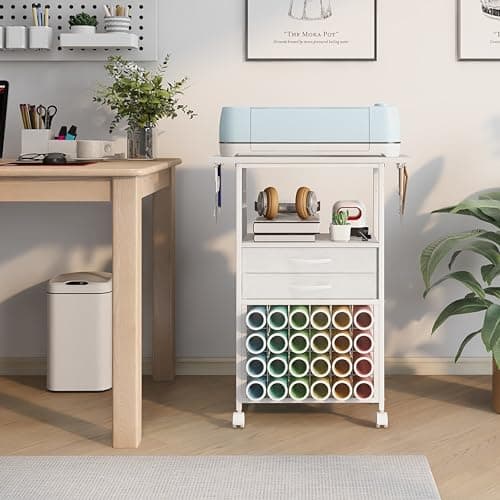 VENNQD Organizer and Storage Stand Compatible with Cricut Machines,Rolling Storage Cart/Shelf with 24 Vinyl Roll Holders，2 Fabric Drawer,Accessories Holder,Tool Hook for Craft Room Home (white) - Image 2