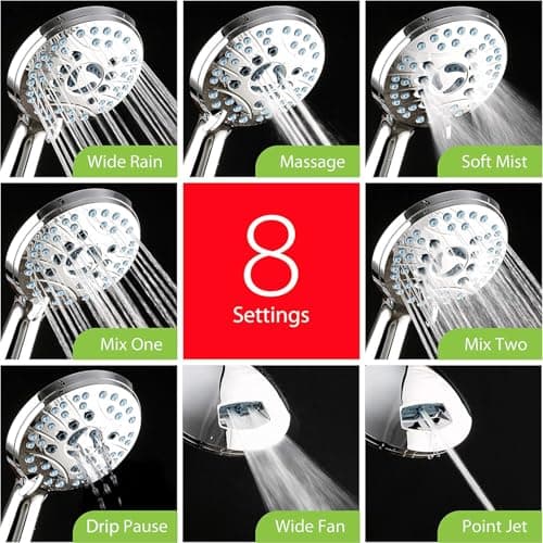 AquaCare High Pressure 8-mode Handheld Shower Head - Anti-clog Nozzles, Built-in Power Wash to Clean Tub, Tile & Pets, Extra Long 6 ft. Stainless Steel Hose, Wall & Overhead Brackets - Image 4