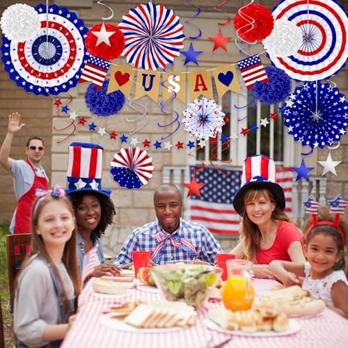 26 PCS 4th of July Decorations, Red White Blue Paper Fans in Patriotic Designs, 4th of July Banner Pompom Star Garland and Hanging Swirls Set for Fourth of July Independence Day Party Supplies Decor - Image 7