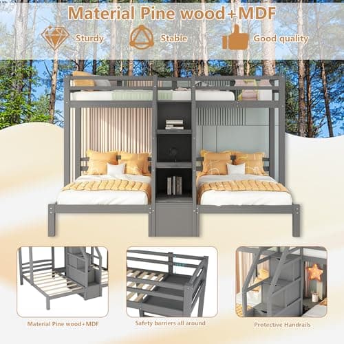 Bellemave Twin Over Twin Bunk Bed for 3, Wood Triple Bunk Beds with Stairs, 3 Bunk Beds with Storage for 3 Kids, Boys, Girls, Teens, Adults No Box Spring Needed (Gray) - Image 5