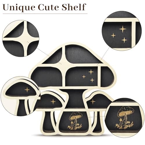 FNYDOX Wooden Mushroom Floating Shelves, Crystal Display Shelf for Wall, Cute Mushroom Wall Decor, Rock Gem Stone Storage Organizer, Essential Oil Holder Hanging Case, Meditation Art Spiritual Gift - Image 6