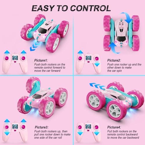 QUNREDA RC Cars, Pink Remote Control Car for Girls, 2.4 GHZ Double Sided RC Stunt Car 360° Rotating Remote Control Crawler with Headlights Car Toys for 6 7 8 9 10 11 12 Girls Birthday Gift - Image 6