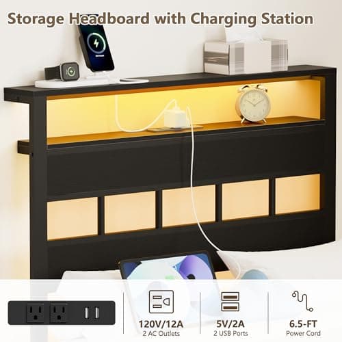 Furnulem Twin Bed Frames with Charging Station and LED Lights, Twin Size Platform Bed with Metal Slats, Wood Headboard with 2-Tier Storage Shelves, No Box Spring Needed, Black Oak - Image 7