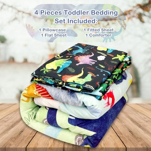 DAYEEBALL 4 Piece Toddler Bedding Set, Ultra Soft and Breathable Cartoon Dinosaur Toddler Comforter Sets for Boys Includes Quilted Comforter, Fitted Sheet, Flat Sheet and Pillowcase - Image 7